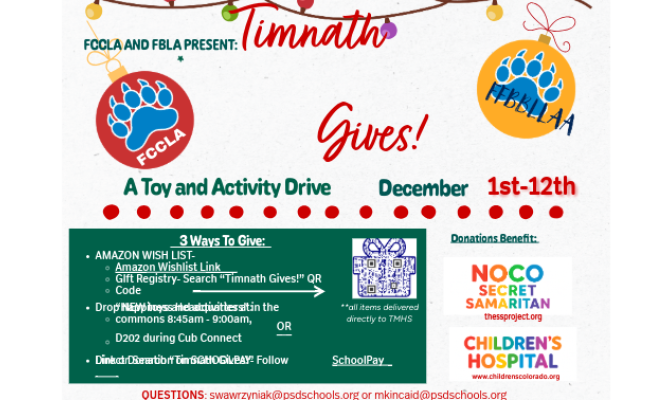 TMHS Gives Flyer with dates and QR code to scan