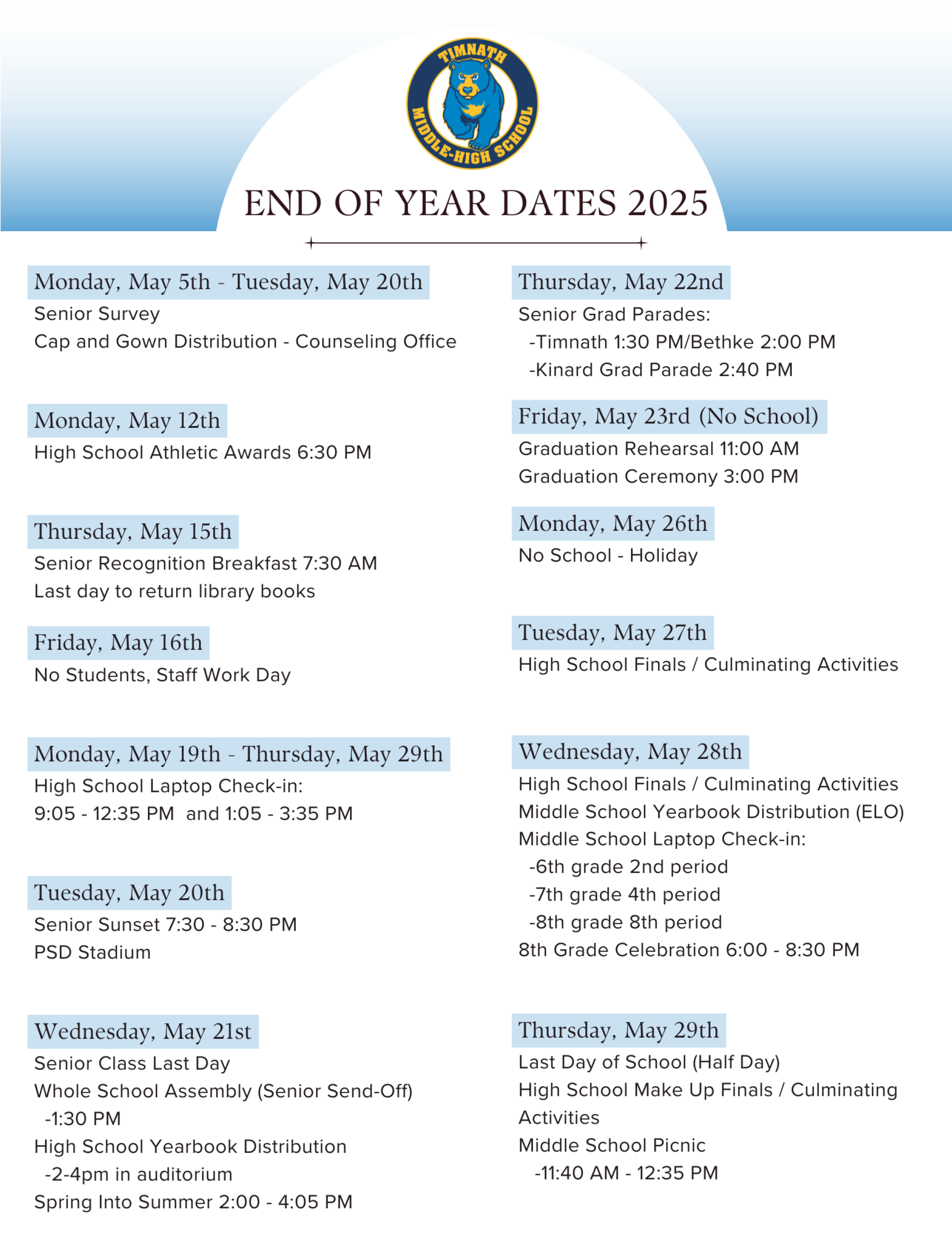 End of Year Dates 2025