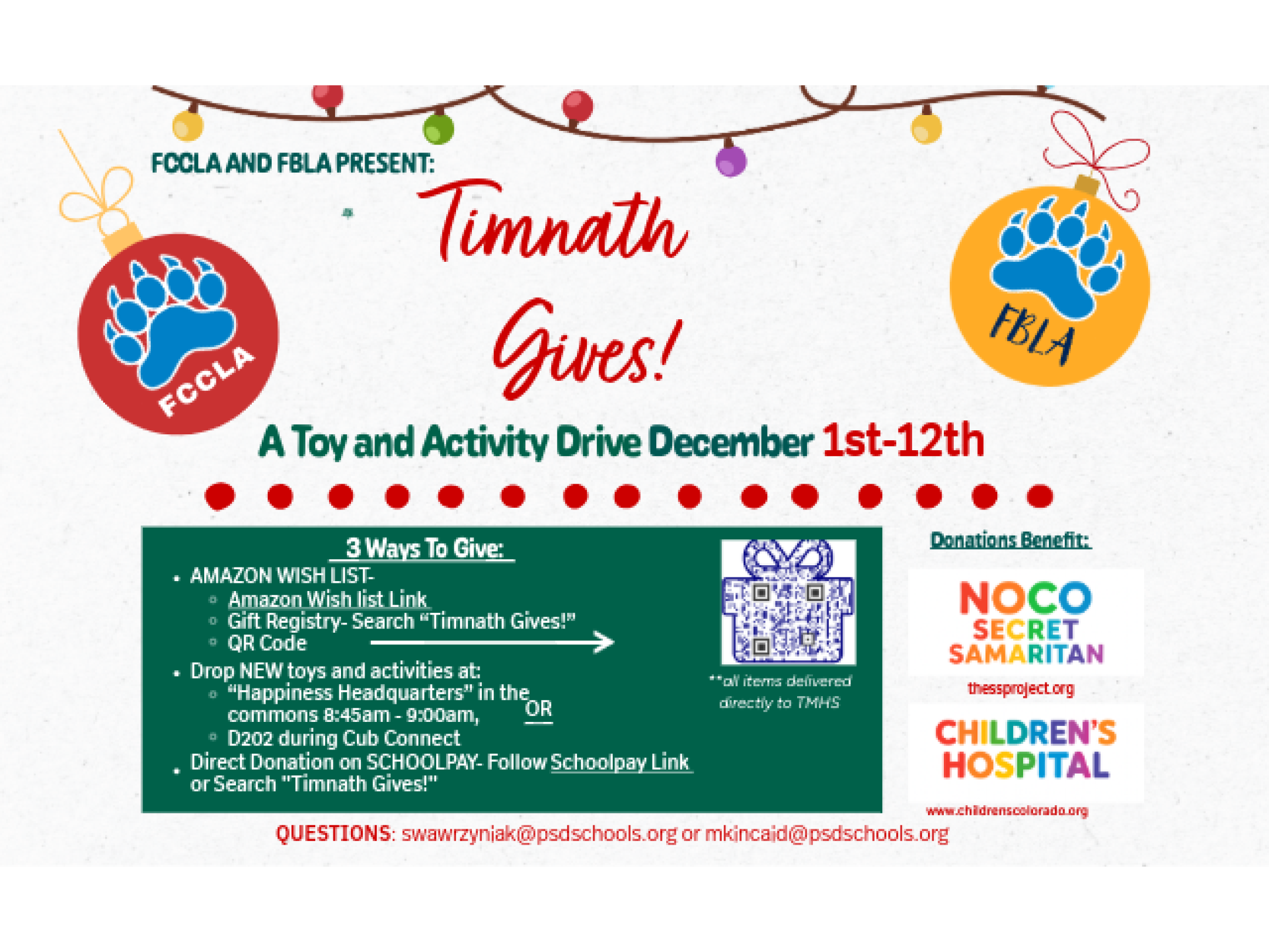 TMHS Gives flyer with dates and QR code to scan for more information