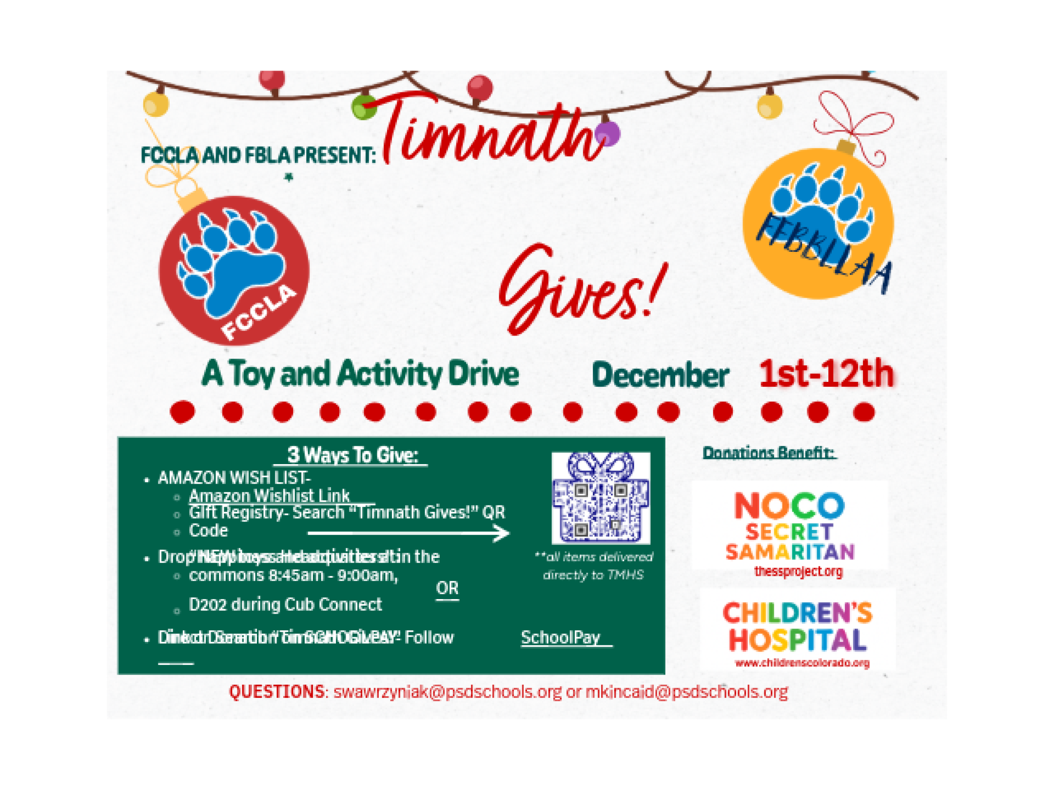 TMHS Gives flyer with dates and QR code to scan for more information